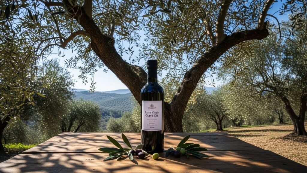 Olive tree with a bottle of oil